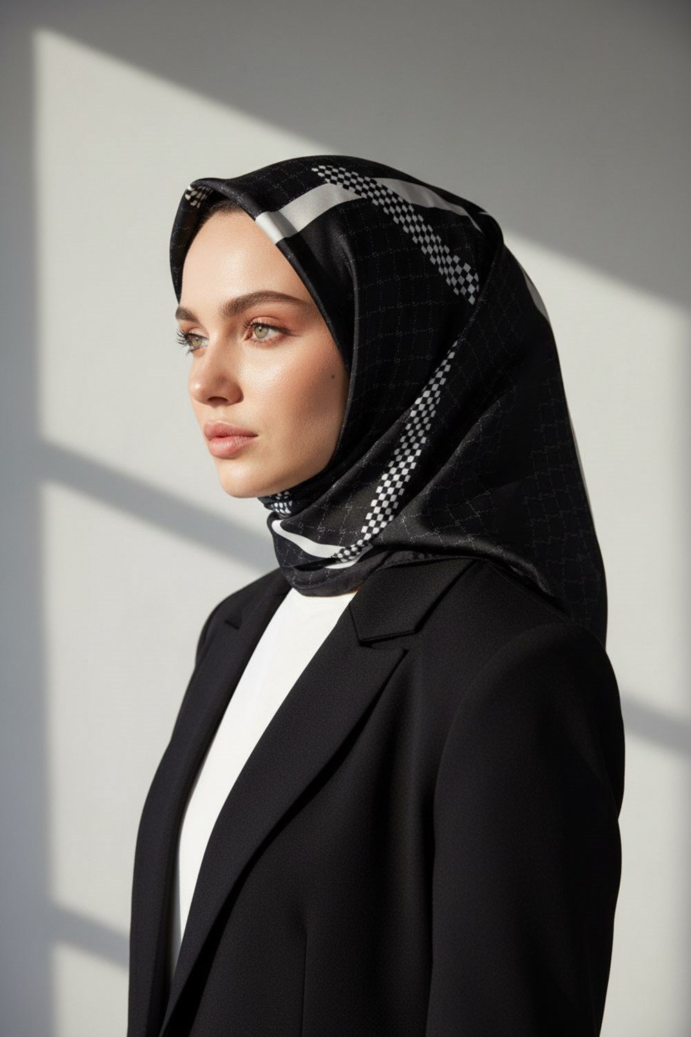 %57 İPEK %43 VİSKON Twill İpek Monogram Ve Şerit Desenli Siyah - Krem Renkli 90x90 Eşarp Dikim Şekli : El Dikişi