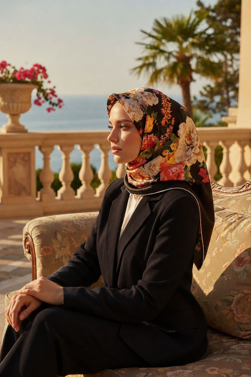 %100 Twill İpek Büyük Bahar Çiçekleri Desenli Siyah Renkli 90x90 Eşarp Dikim Şekli : El Dikişi