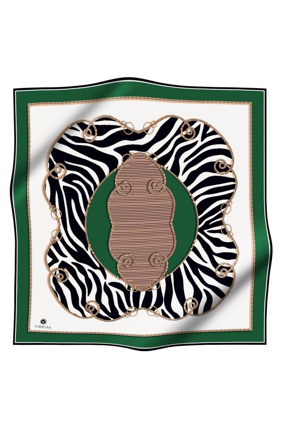 %100 Twill İpek Zincirli Ve Zebra Desenli Zümrüt Yeşili - Vizon Renkli 90x90 Eşarp Dikim Şekli : El Dikişi
