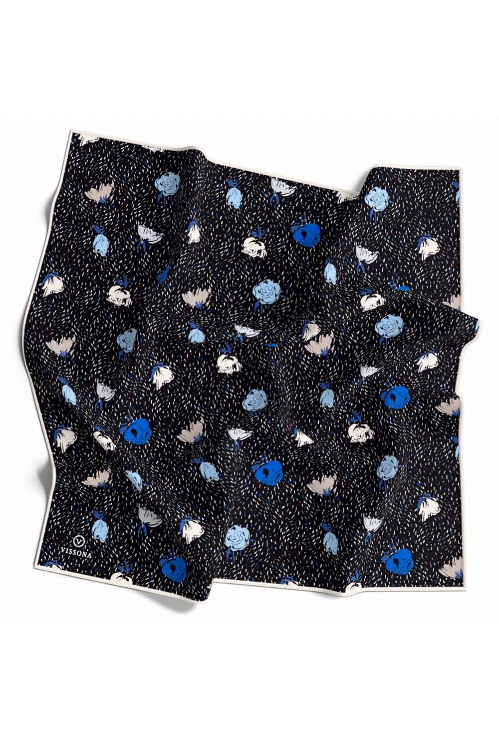 %100 Twill İpek Çıtır Çiçek Desenli Siyah - Saks Renkli 90x90 Eşarp Dikim Şekli : El Dikişi