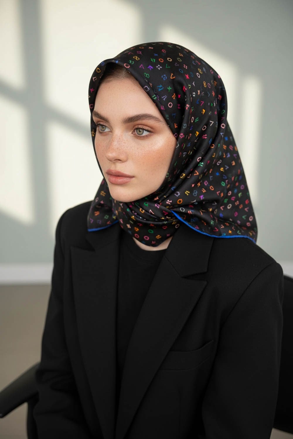 %100 Twill İpek Çıtır Motif Desenli Siyah - Saks Renkli 90x90 Eşarp Dikim Şekli : El Dikişi