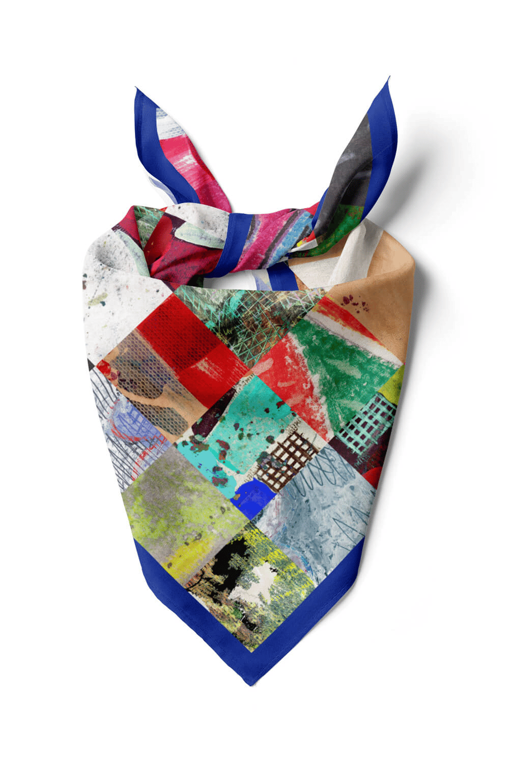C72 Kadın Patchwork Desenli Bandana 50x50 Yeşil Kırmızı DG0277-22