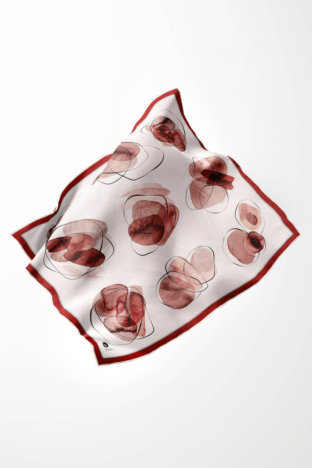 Twill Sulu Boya Geometrik Desenli Bordo Renkli 90x90 Eşarp (İpek İçermez) Kenar Dikiş Şekli El Dikişli