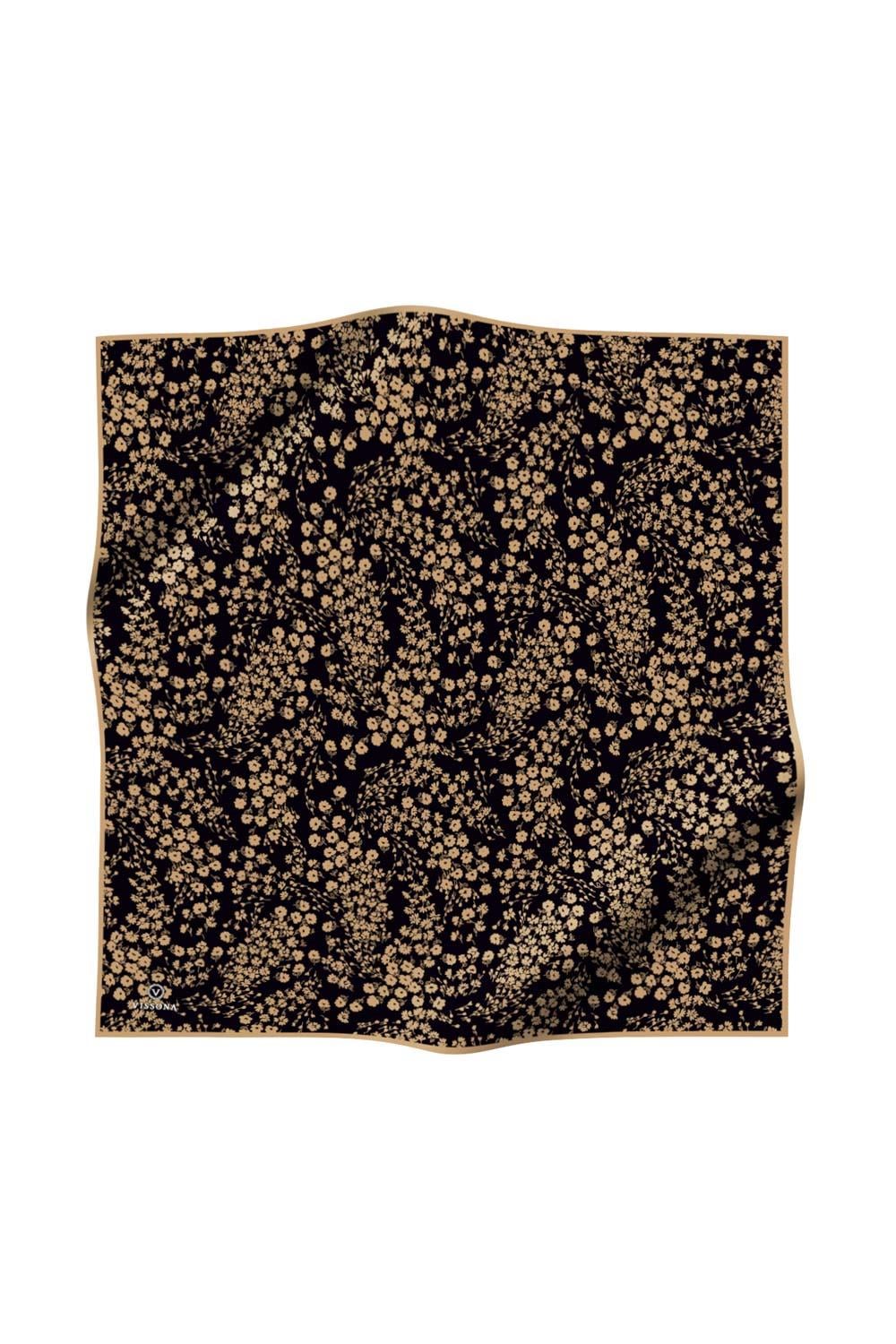 %100 Twill İpek Çıtır Çiçek Desenli Siyah - Gold Renkli 90x90 Eşarp Dikim Şekli : El Dikişi