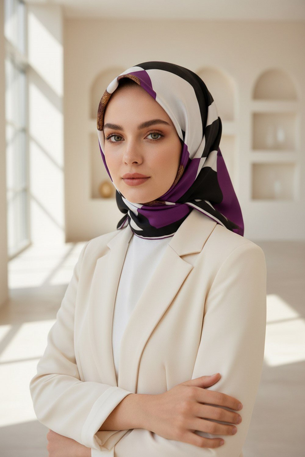 %100 Twill İpek Karo Desenli Mürdüm - Siyah Renkli 90x90 Eşarp Dikim Şekli : El Dikişi
