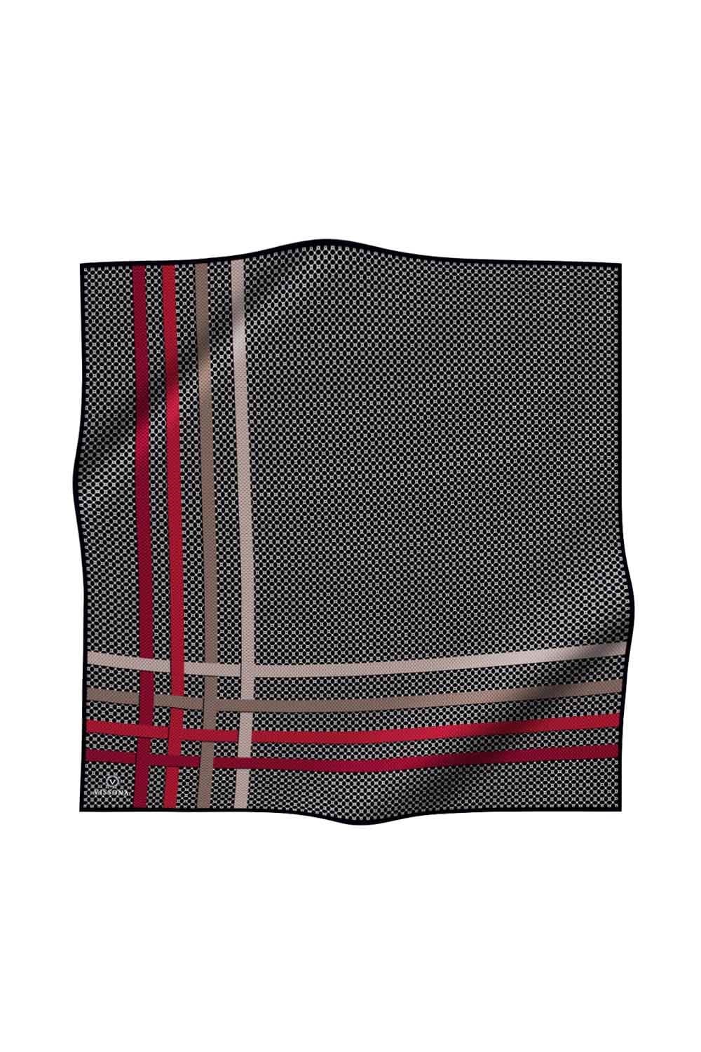 %100 Twill İpek Bantlı Monogram Desenli Siyah - Kırmızı Renkli 90x90 Eşarp Dikim Şekli : El Dikişi