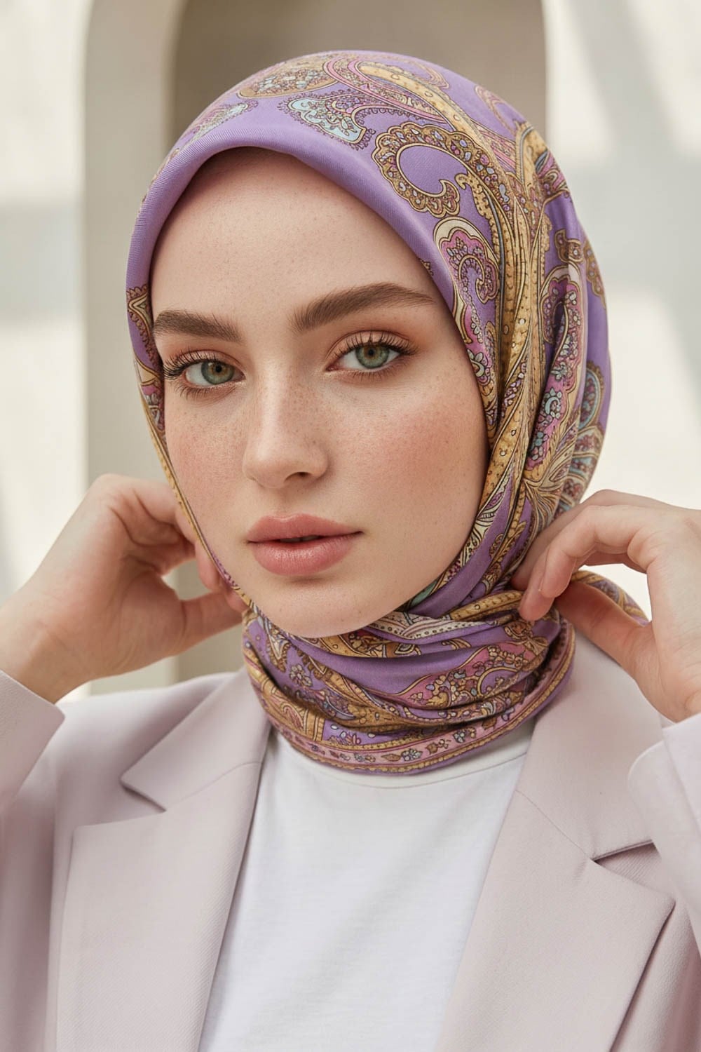 %100 Twill İpek Şal Desenli Lila Renkli 90x90 Eşarp Dikim Şekli : El Dikişi