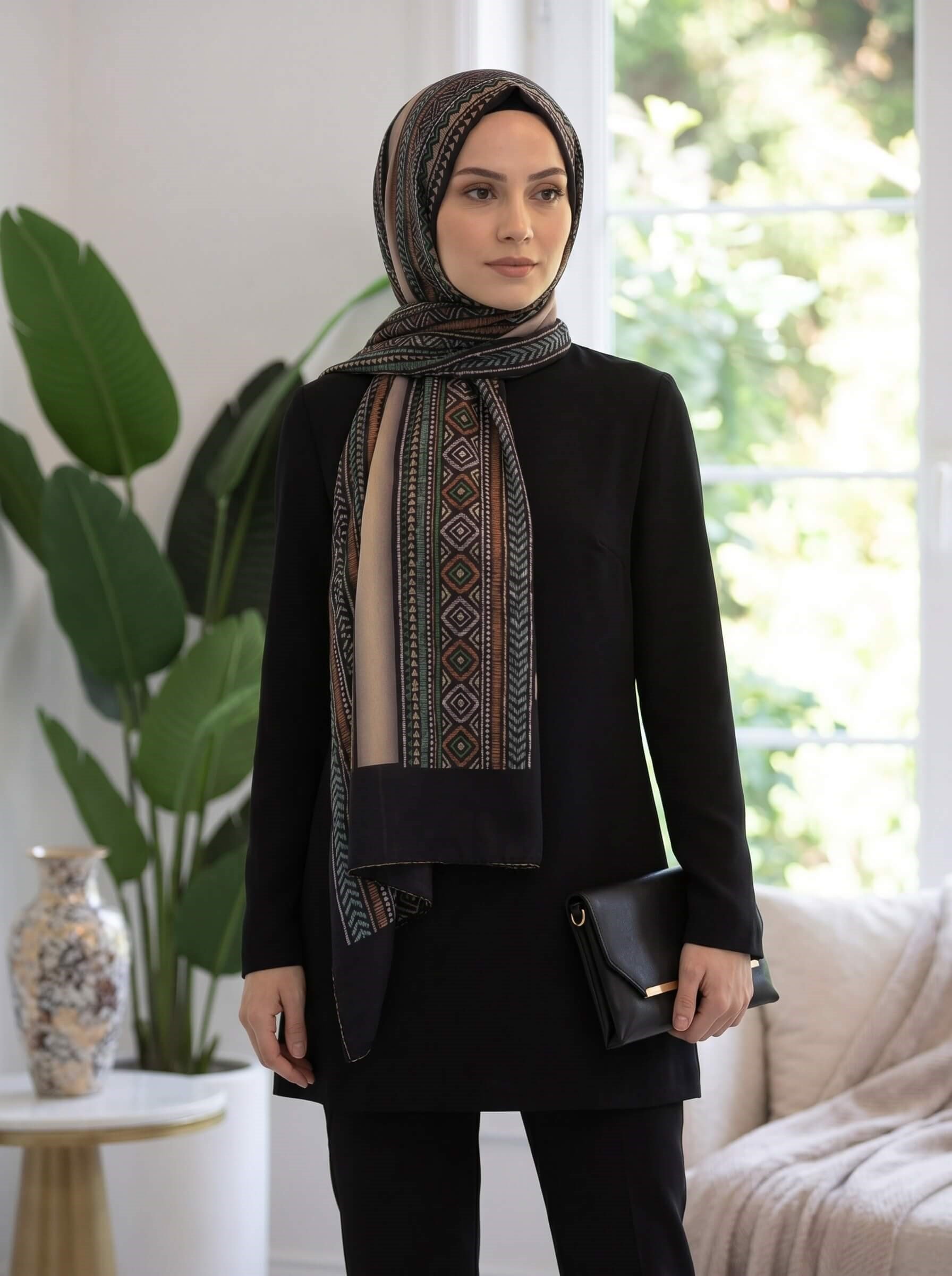%100 Saf İpek Şal İnce Saten Vual Dokuma Etnik Desenli Bej - Siyah Renkli 90x210 Şal