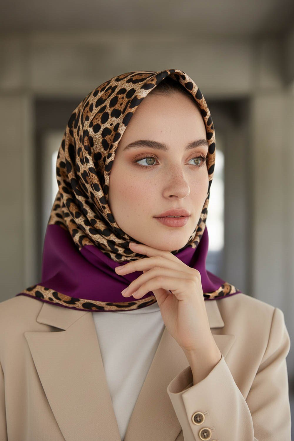 %100 Twill İpek Leopar Desenli Mürdüm Renkli 90x90 Eşarp Dikim Şekli : El Dikişi