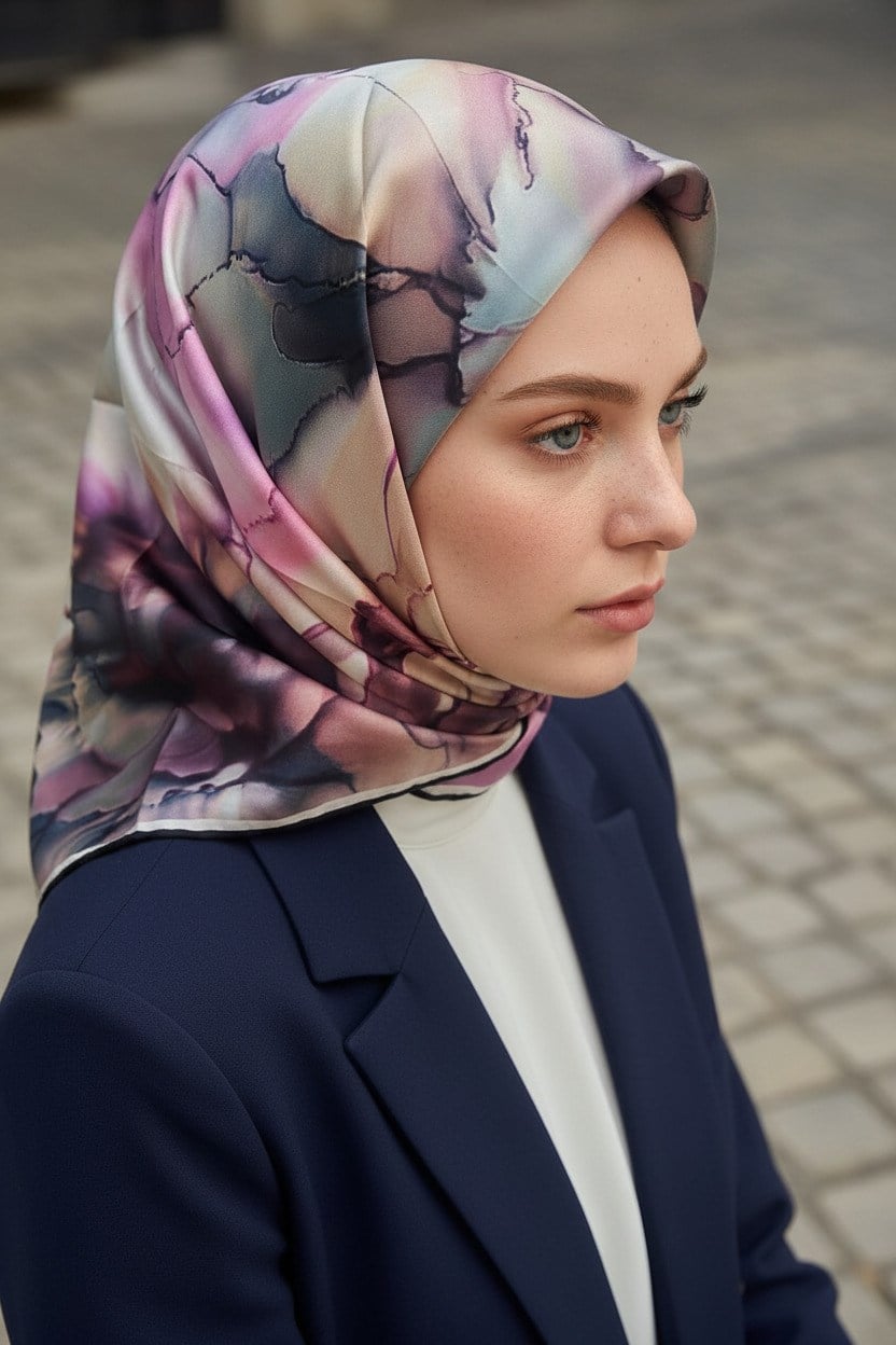 %100 Twill İpek Batik Çiçek Desenli Somon - Lila Renkli 90x90 Eşarp Kenar Dikiş Şekli El Dikişli