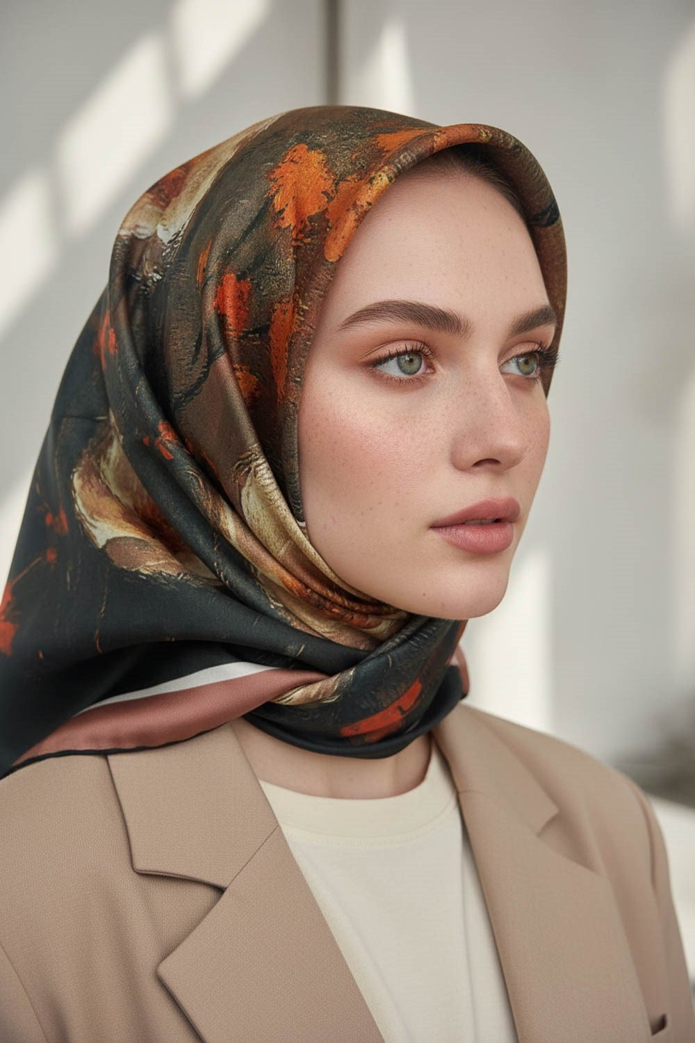 %100 Twill İpek Yağlı Boya Çiçek Desenli Taba - Petrol Yeşili Renkli 90x90 Eşarp Dikim Şekli : El Dikişi