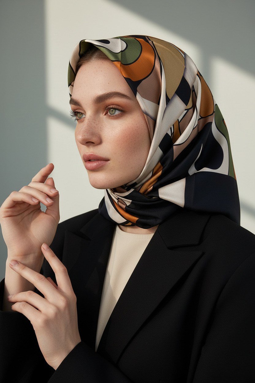 % 57 İPEK % 43 VİSKON Twill İpek Geometrik Desenli Taba - Haki Renkli 90x90 Dikim Şekli : El Dikişi Eşarp