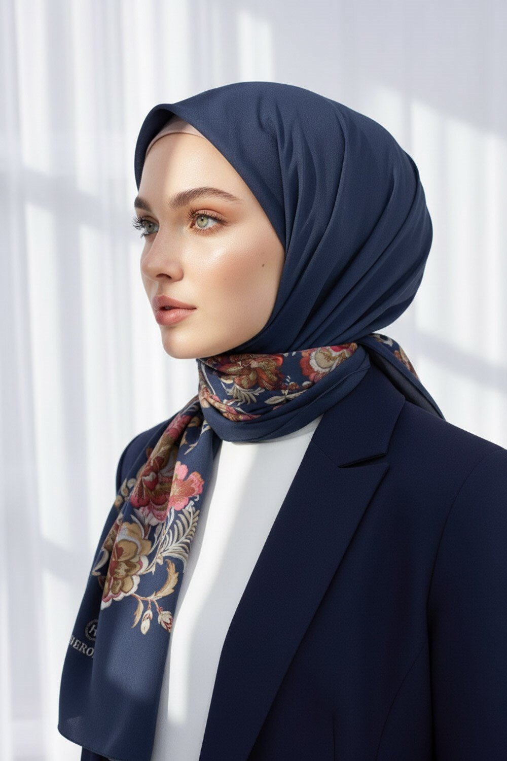 KREP NAKIŞ ÇİÇEK DESENLİ LACİVERT RENKLİ 75X195 KIRIŞMAZ ŞAL