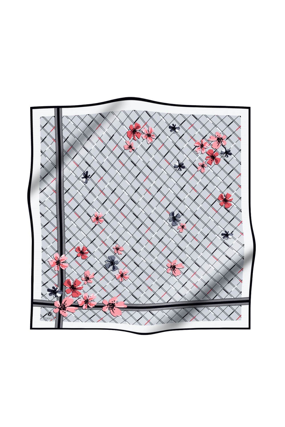 %100 Twill İpek Çıtır Çiçek Desenli Gümüş - Pembe Renkli 90x90 Eşarp Dikim Şekli : El Dikişi
