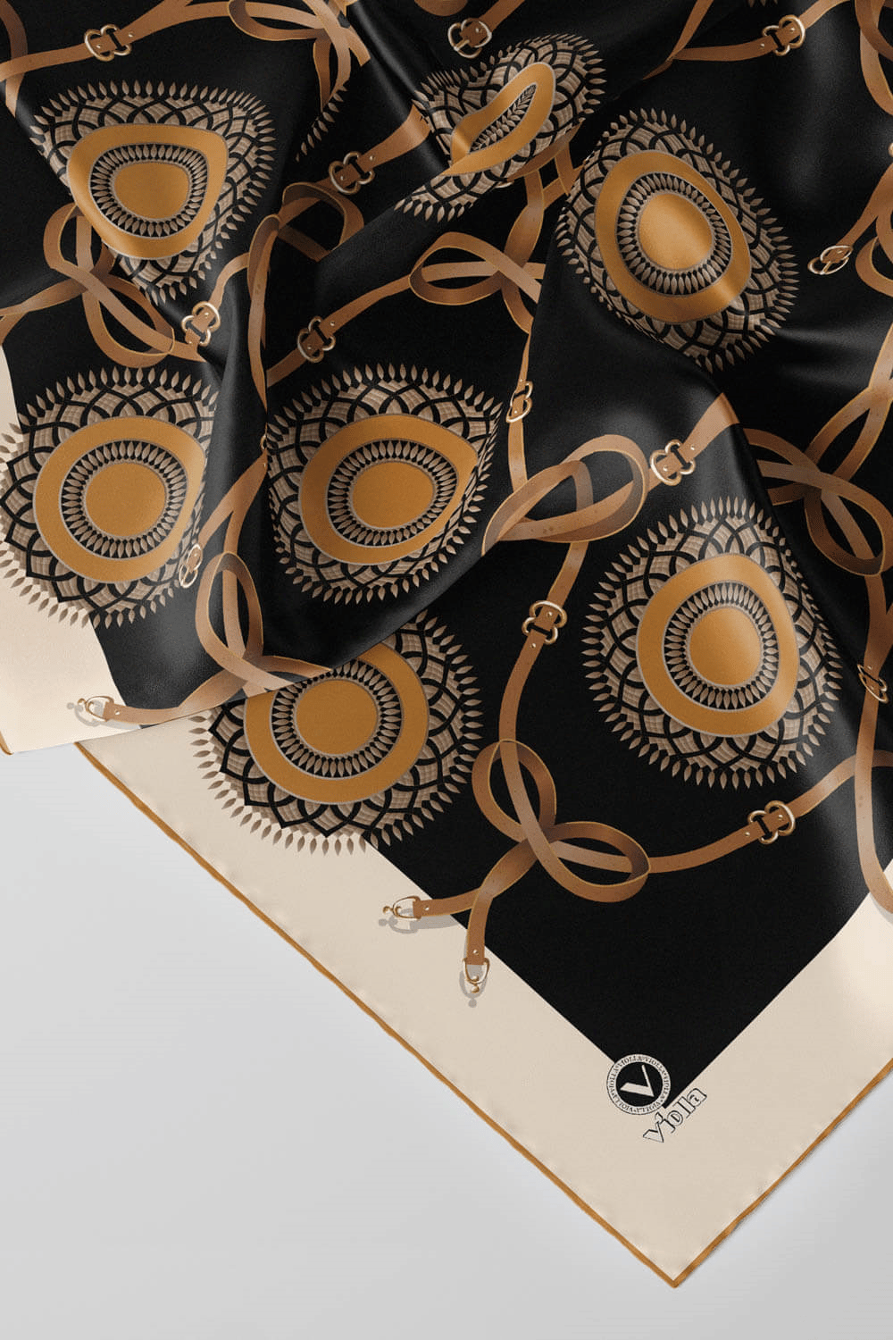 Twill Kemerli Ve Geometrik Desenli Hardal Renkli 90x90 Eşarp (İpek İçermez) Kenar Dikiş Şekli El Dikişli