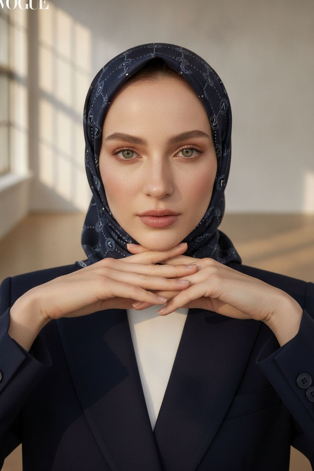 %100 Twill İpek Monogram Desenli Lacivert Renkli 90x90 Eşarp Dikim Şekli : El Dikişi
