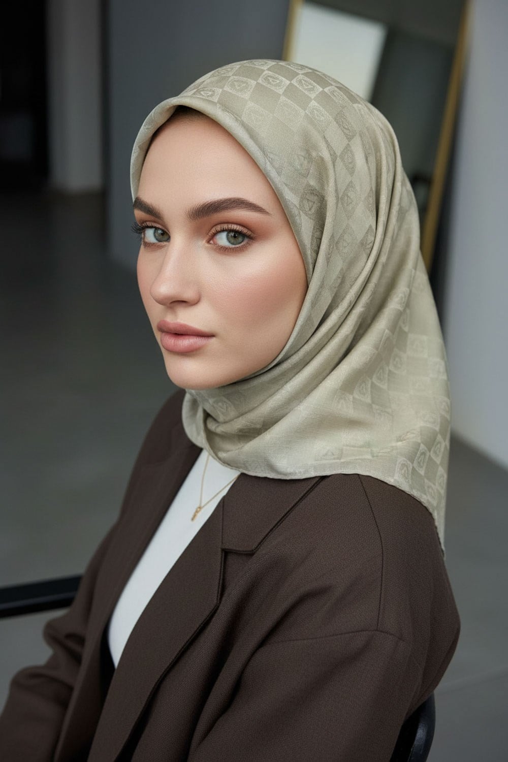 %57 İpek %43 Pamuk Jakarlı Monogram Eşarp 92X92