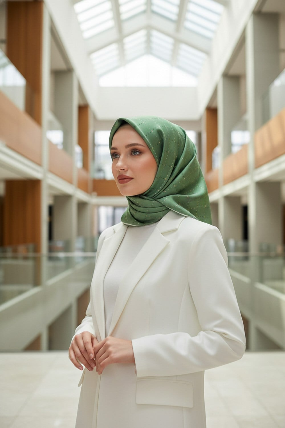 %100 Twill İpek Minik V Desenli Zümrüt Yeşili Renkli 90x90 Eşarp Dikim Şekli : El Dikişi