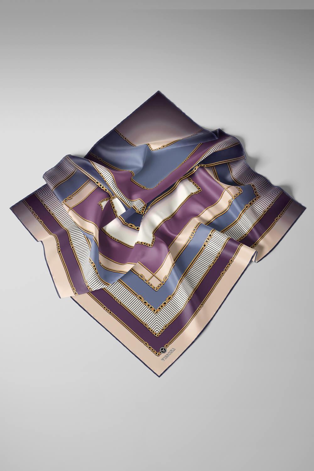%100 Twill İpek Zincir Detaylı Geometrik Desenli İndigo - Mor Renkli 90x90 Eşarp Dikim Şekli : El Dikişi
