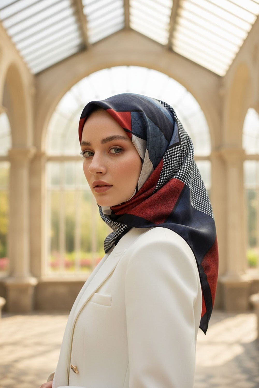 %100 Twill İpek Kazayaklı Ve Geometrik Desenli Kırmızı - İndigo Renkli 90x90 Eşarp Dikim Şekli : El Dikişi