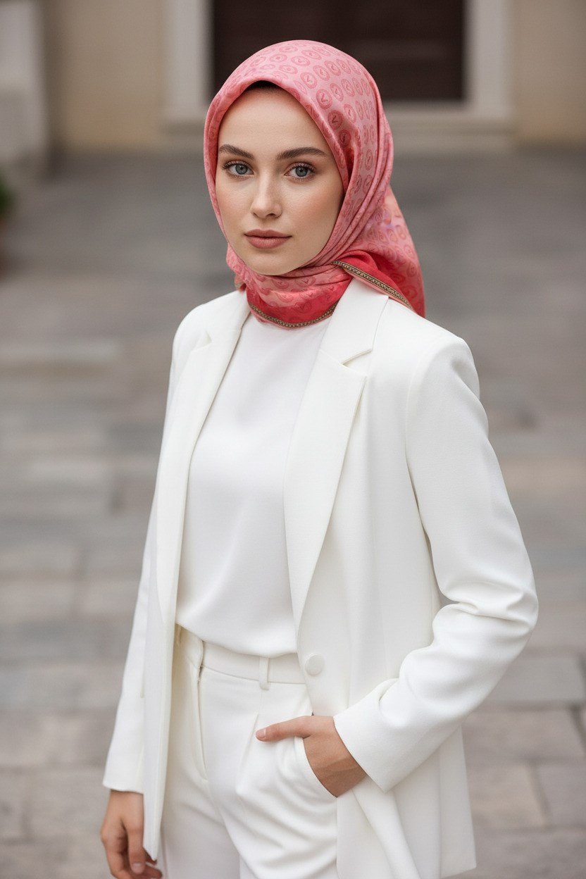 %100 Twill İpek Monogram Desenli Pudra Renkli 90x90 Eşarp Dikim Şekli : El Dikişi