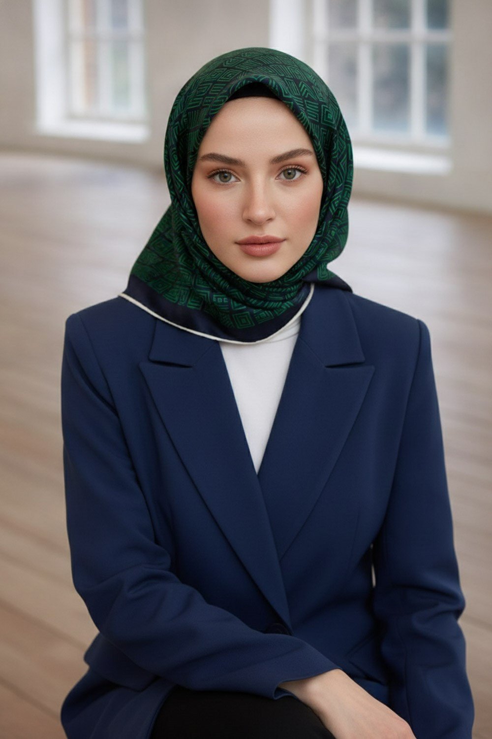 %57 İPEK %43 VİSKON Twill İpek Etnik Motif Desenli Zümrüt Yeşili - Lacivert Renkli 90x90 Eşarp Dikim Şekli : El Dikişi