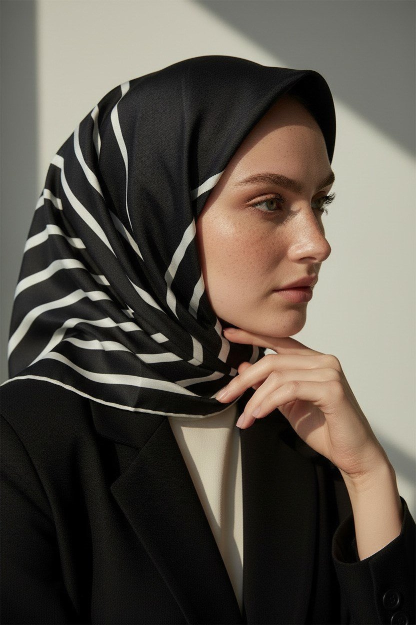 %100 Twill İpek Çizgili Desenli Siyah - Krem Renkli 90x90 Eşarp Dikim Şekli : El Dikişi