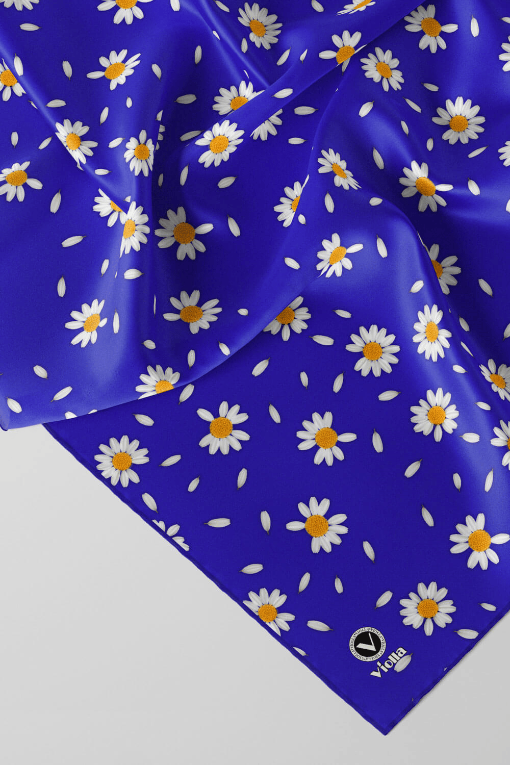 Twill Papatya Desenli Saks Renkli 90x90 Eşarp (İpek İçermez) Kenar Dikiş Şekli El Dikişli