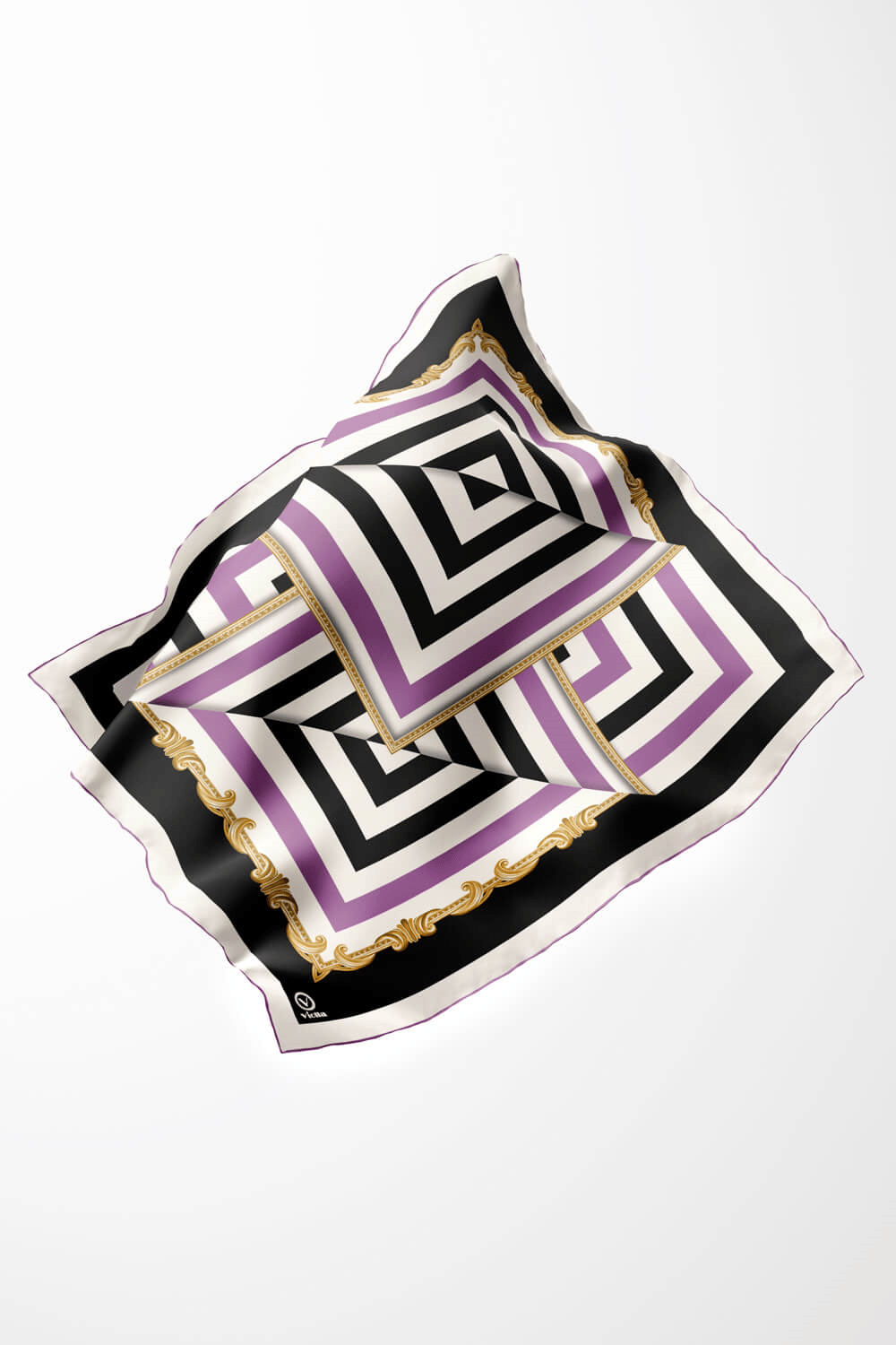 Twill Geometrik Desenli Lila Renkli 90x90 Eşarp (İpek İçermez) Kenar Dikiş Şekli El Dikişli