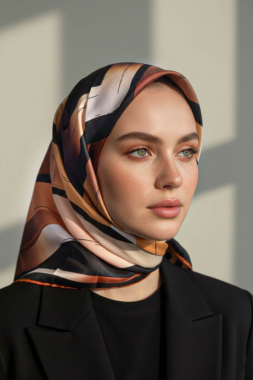 %100 Twill İpek Geometrik Fırça İzi Desenli Siyah - Taba Renkli 90x90 Eşarp Dikim Şekli : El Dikişi