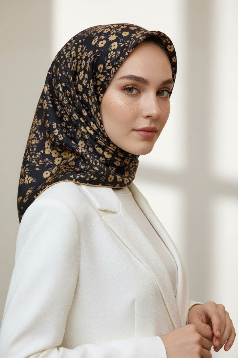%100 Twill İpek Çıtır Çiçek Desenli Siyah - Gold Renkli 90x90 Eşarp Dikim Şekli : El Dikişi