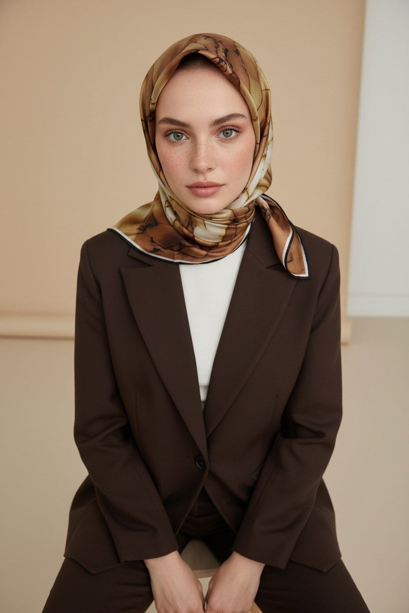 %100 Twill İpek Batik Çiçek Desenli Taba - Hardal Renkli 90x90 Eşarp Kenar Dikiş Şekli El Dikişli
