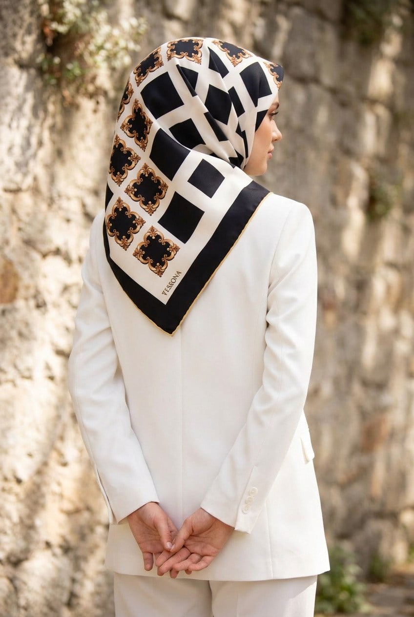 %100 Twill İpek Nostalji  Desen SİYAH / KREM Renkli 90x90 Eşarp Dikim Şekli : El Dikişi