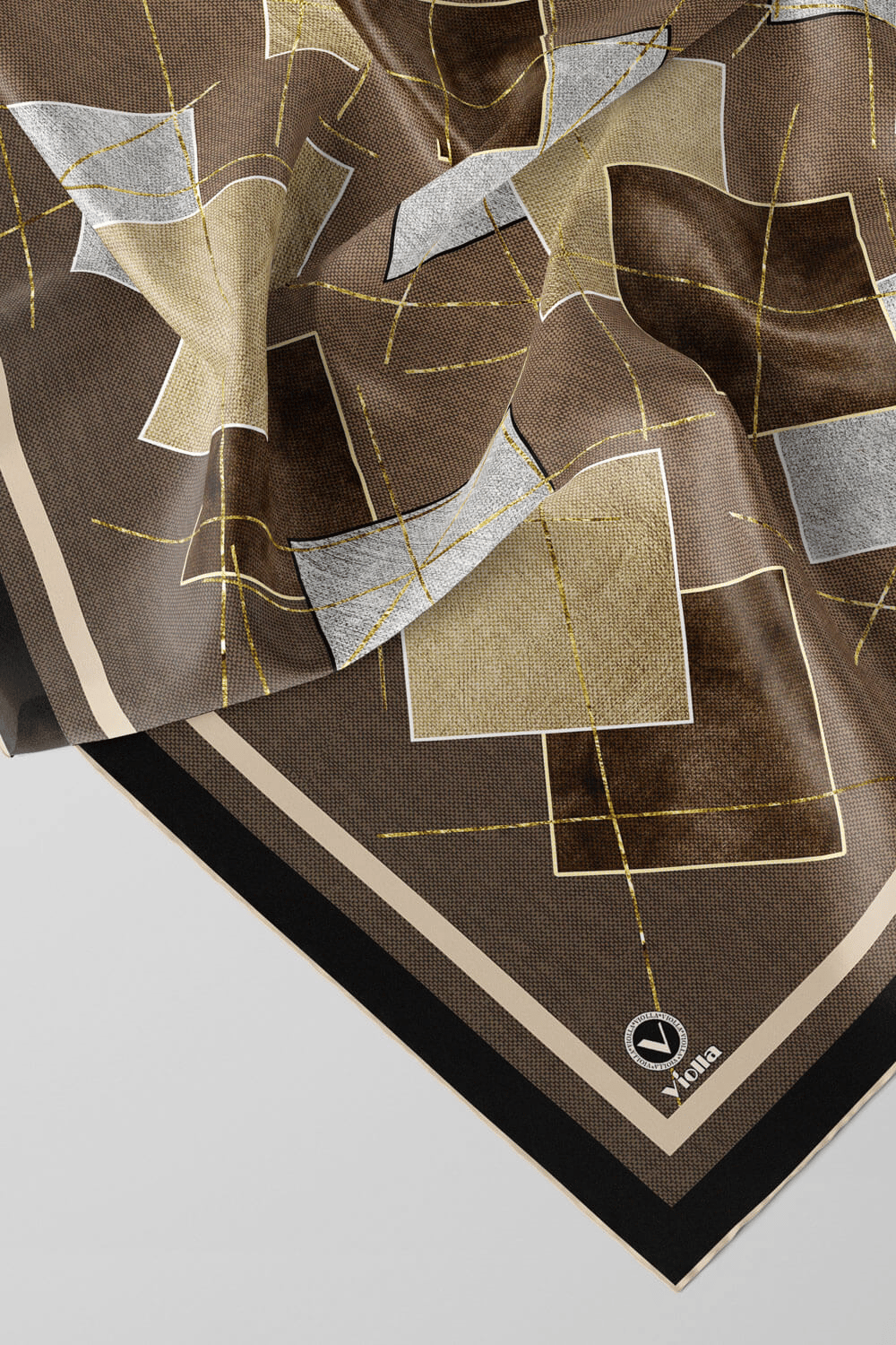 Twill Geometrik Desenli Vizon Renkli 90x90 Eşarp (İpek İçermez) Kenar Dikiş Şekli El Dikişli