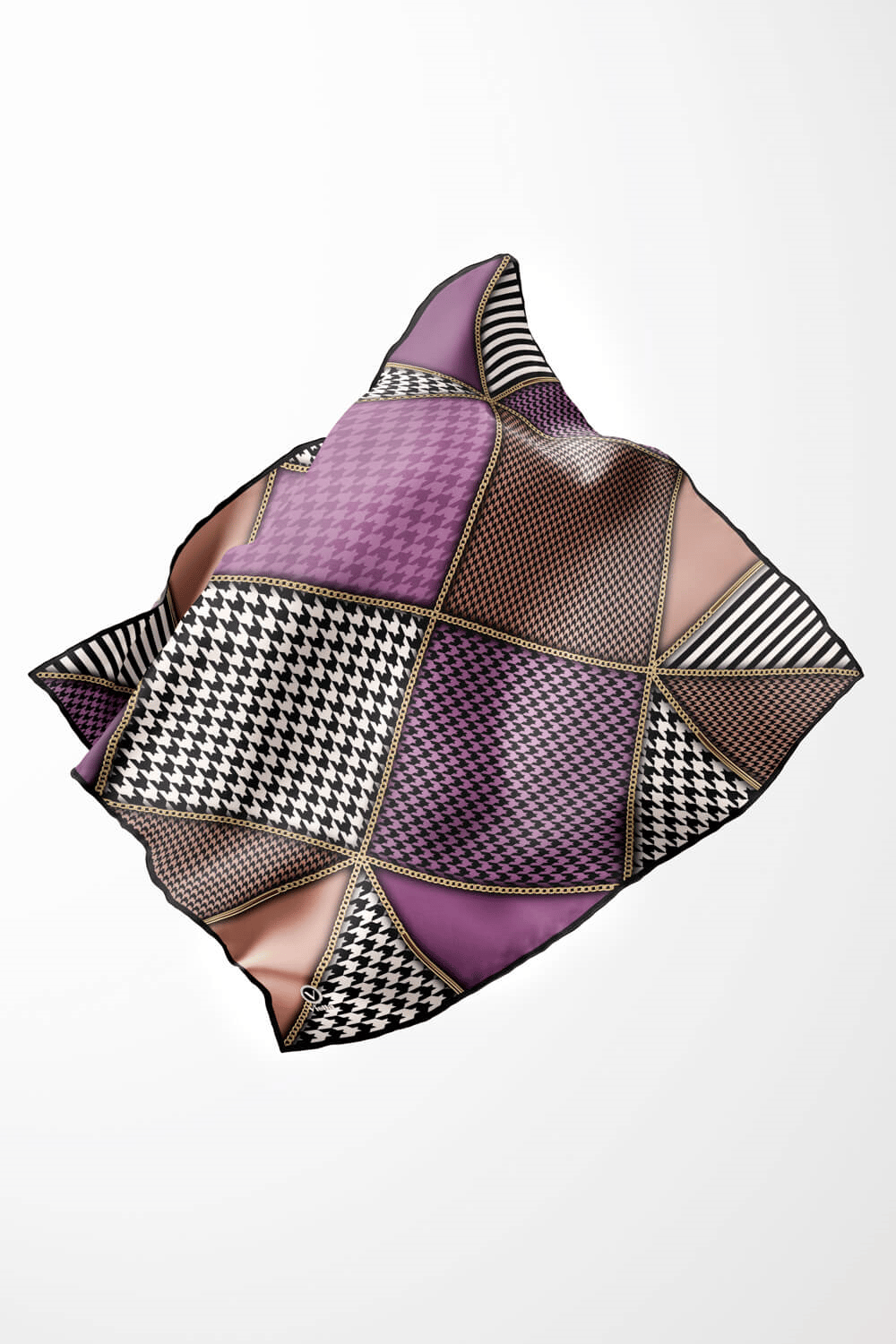 Twil Geometrik Ve Kazayak Desenli Lila - Somon Renkli 90x90 Eşarp (İpek İçermez) Dikim Şekli : El Dikişi