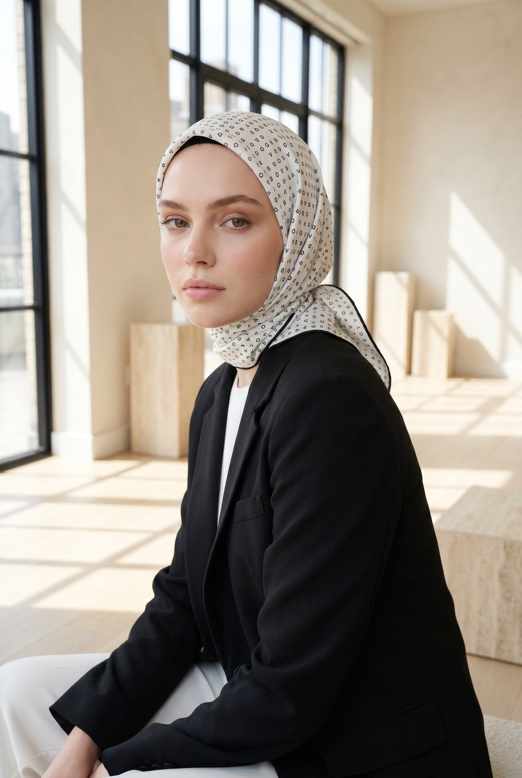 %100 Twill İpek Çıtır Motif Desenli Krem - Siyah Renkli 90x90 Eşarp Dikim Şekli : El Dikişi