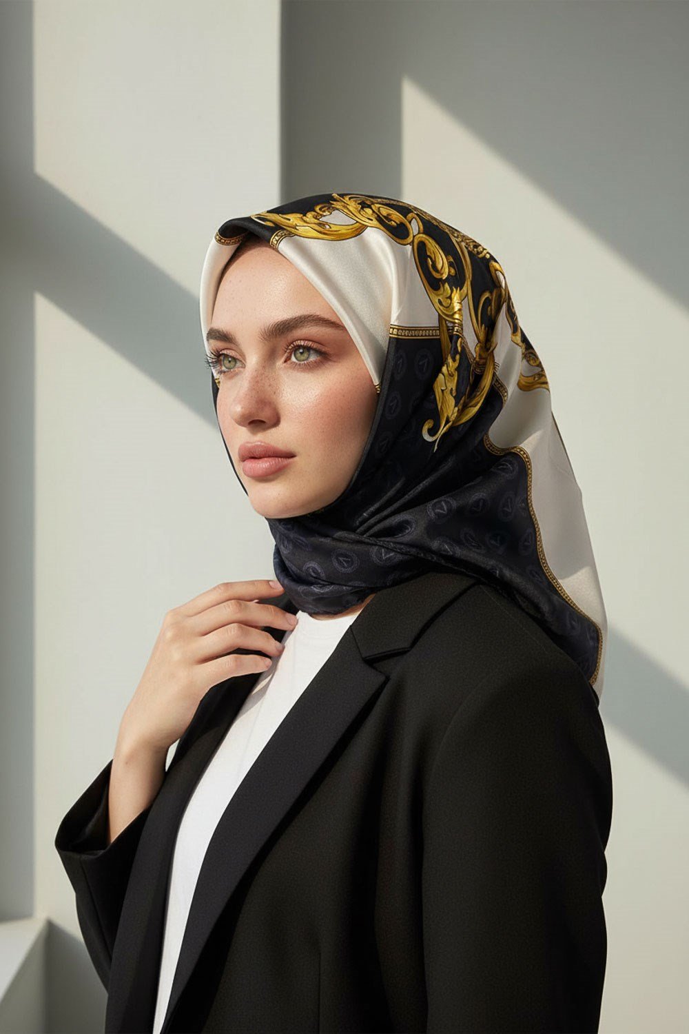 %100 Twill İpek Monogram Ve Barok Desenli Siyah - Krem Renkli 90x90 Eşarp Dikim Şekli : El Dikişi