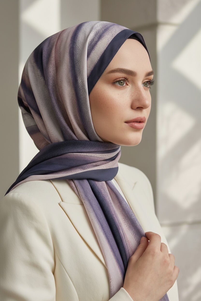 KREP SULU BOYA ÇİZGİLİ DESENLİ PUDRA RENKLİ 75X195 KIRIŞMAZ ŞAL