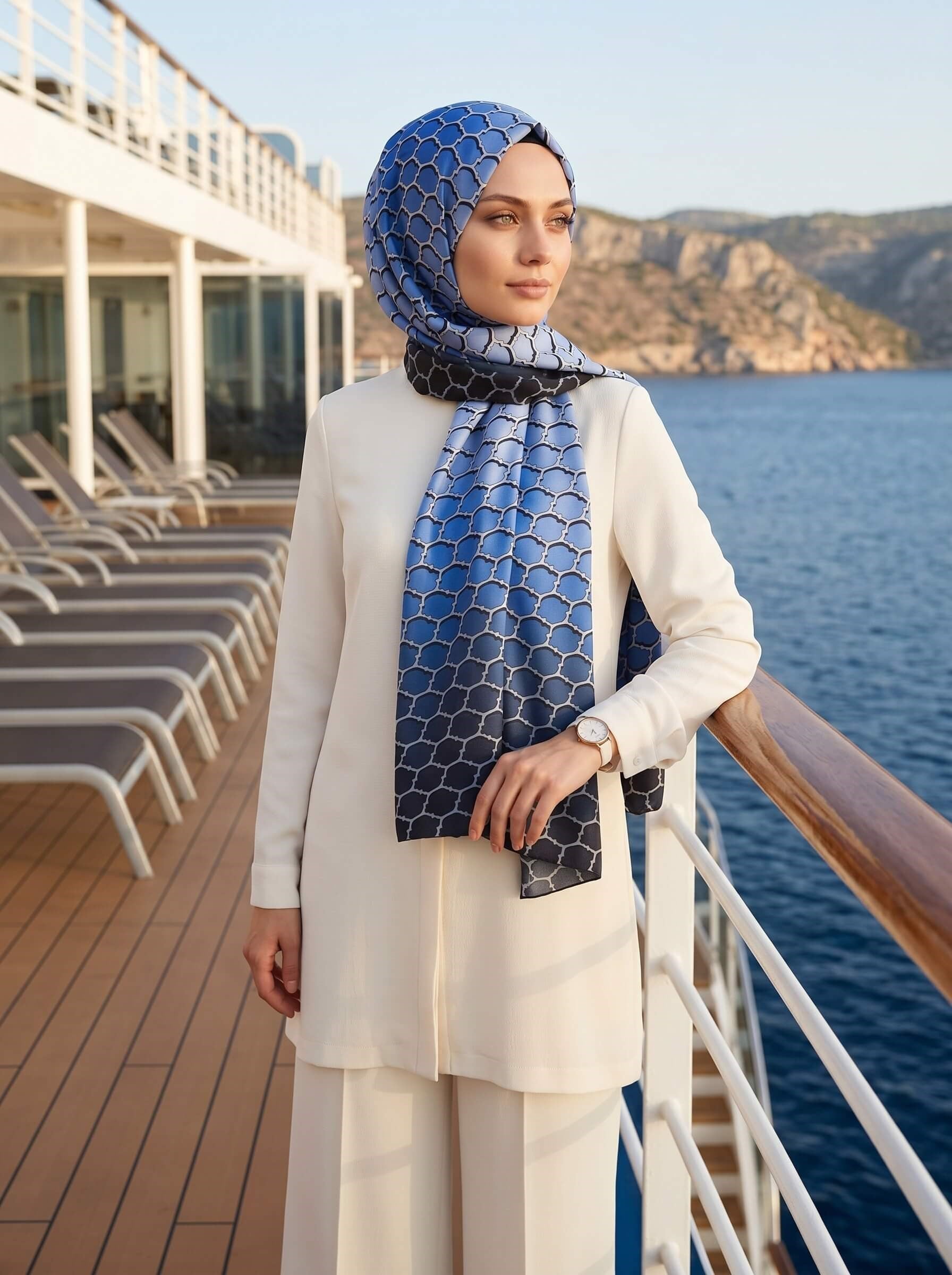 %100 Saf İpek Şal İnce Saten Vual Dokuma Petek Desenli Lacivert - Saks Renkli 90x210 Şal