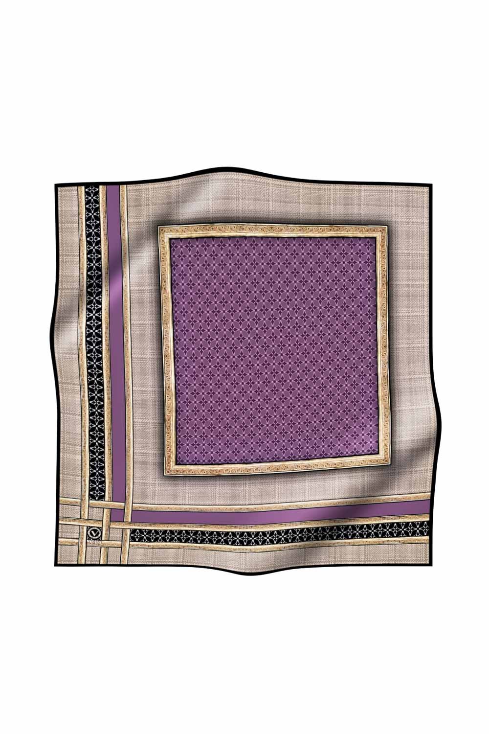 Twill Gold Bordürlü Geometrik Desenli Lila Renkli 90x90 Eşarp (İpek İçermez) Kenar Dikiş Şekli El Dikişli