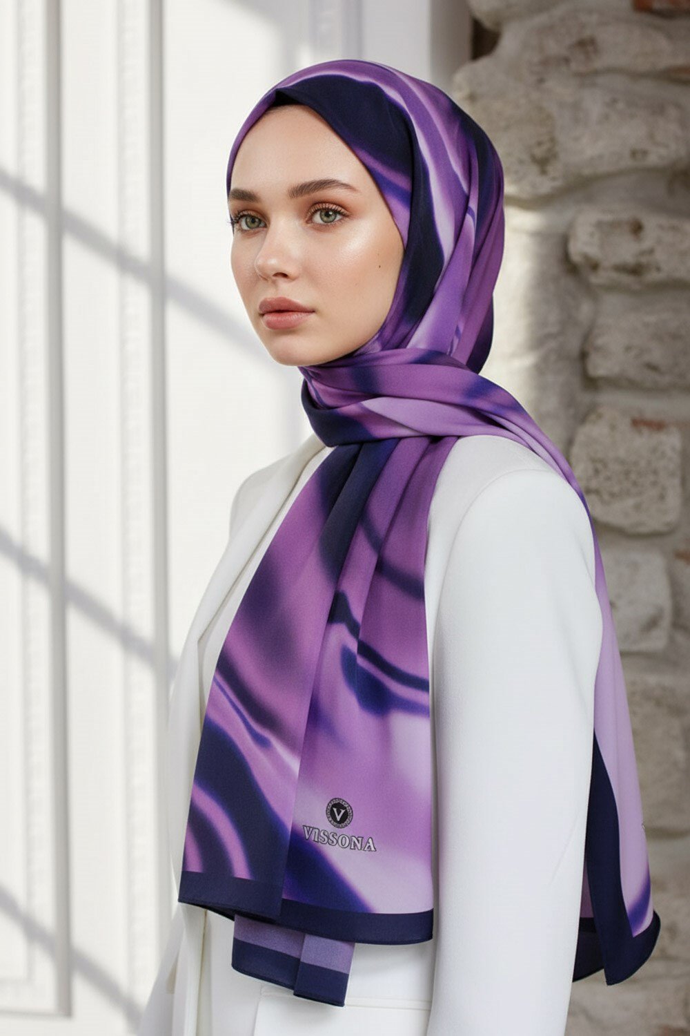 KREP DALGA DESENLİ LİLA - LACİVERT RENKLİ 75X195 KIRIŞMAZ EŞARP