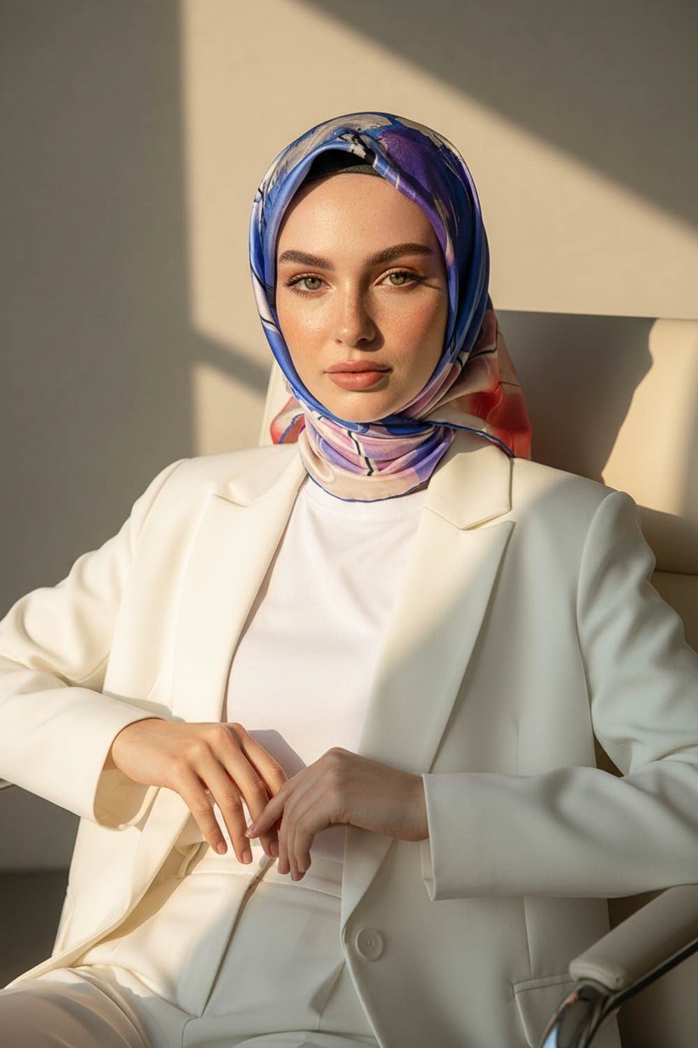 %100 Twill İpek Sulu Boya Çiçek Desenli Saks Renkli 90x90 Eşarp Dikim Şekli : El Dikişi