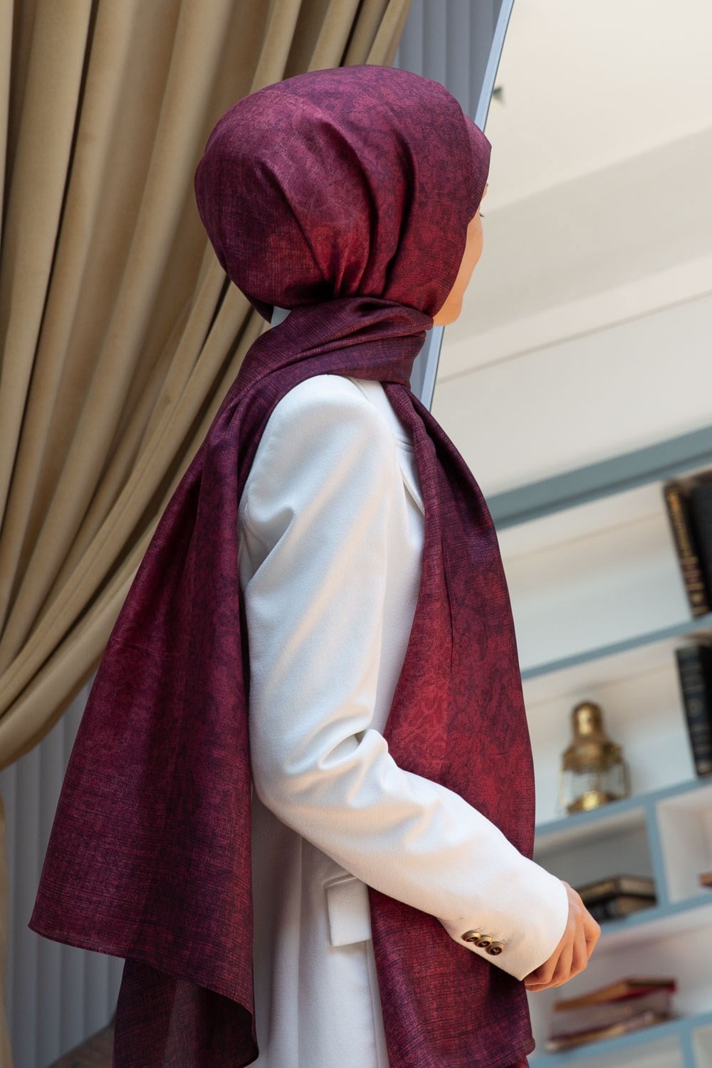 %100 Saf İpek Şal İnce Saten Vual Dokuma Damask Desenli Bordo Renkli 90x210 Şal
