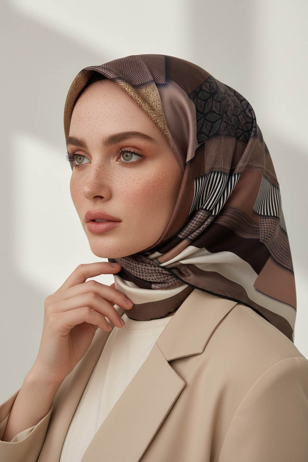%100 Twill İpek Geometrik Desenli Bakır - Bej Renkli 90x90 Eşarp Dikim Şekli : El Dikişi
