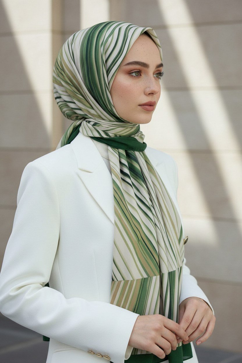 KREP ÇİZGİLİ DESENLİ ZÜMRÜT YEŞİLİ RENKLİ 75X195 KIRIŞMAZ ŞAL
