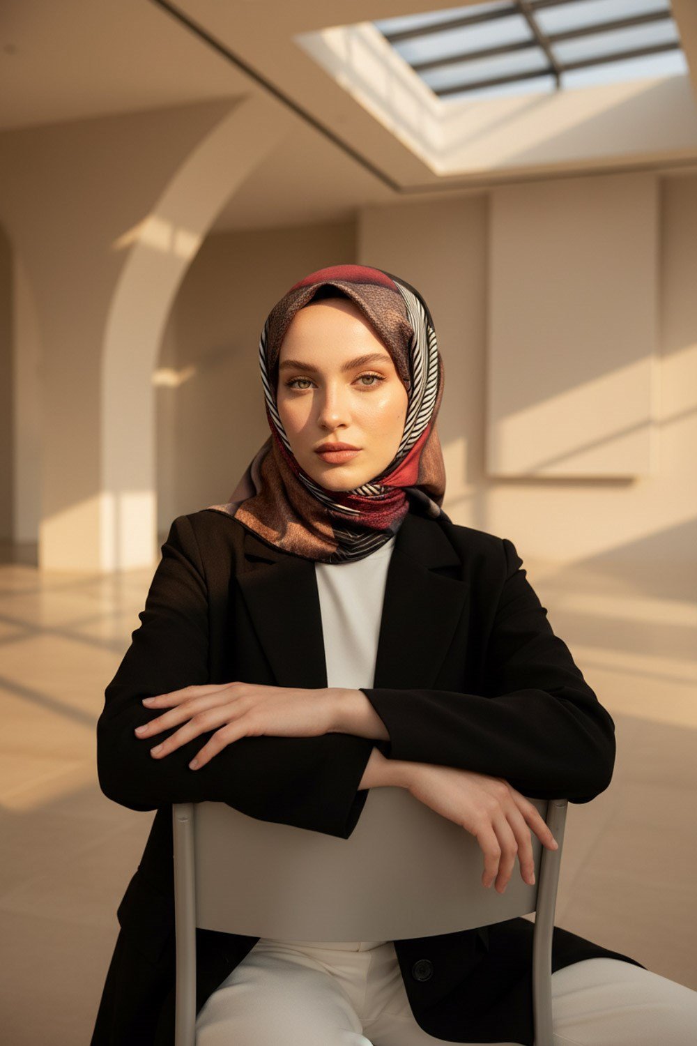 %100 Twill İpek Dokulu ve Geometrik Desenli Bordo - Bej Renkli 90x90 Eşarp Dikim Şekli : El Dikişi