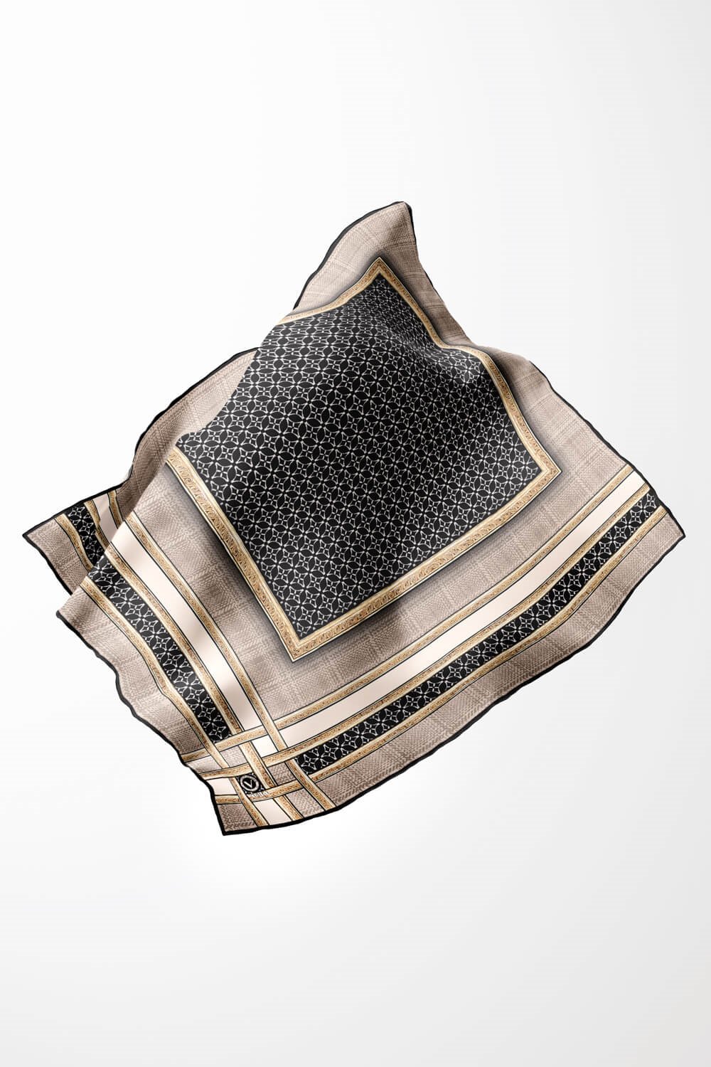 Twill Gold Bordürlü Geometrik Desenli Bej Renkli 90x90 Eşarp (İpek İçermez) Kenar Dikiş Şekli El Dikişli