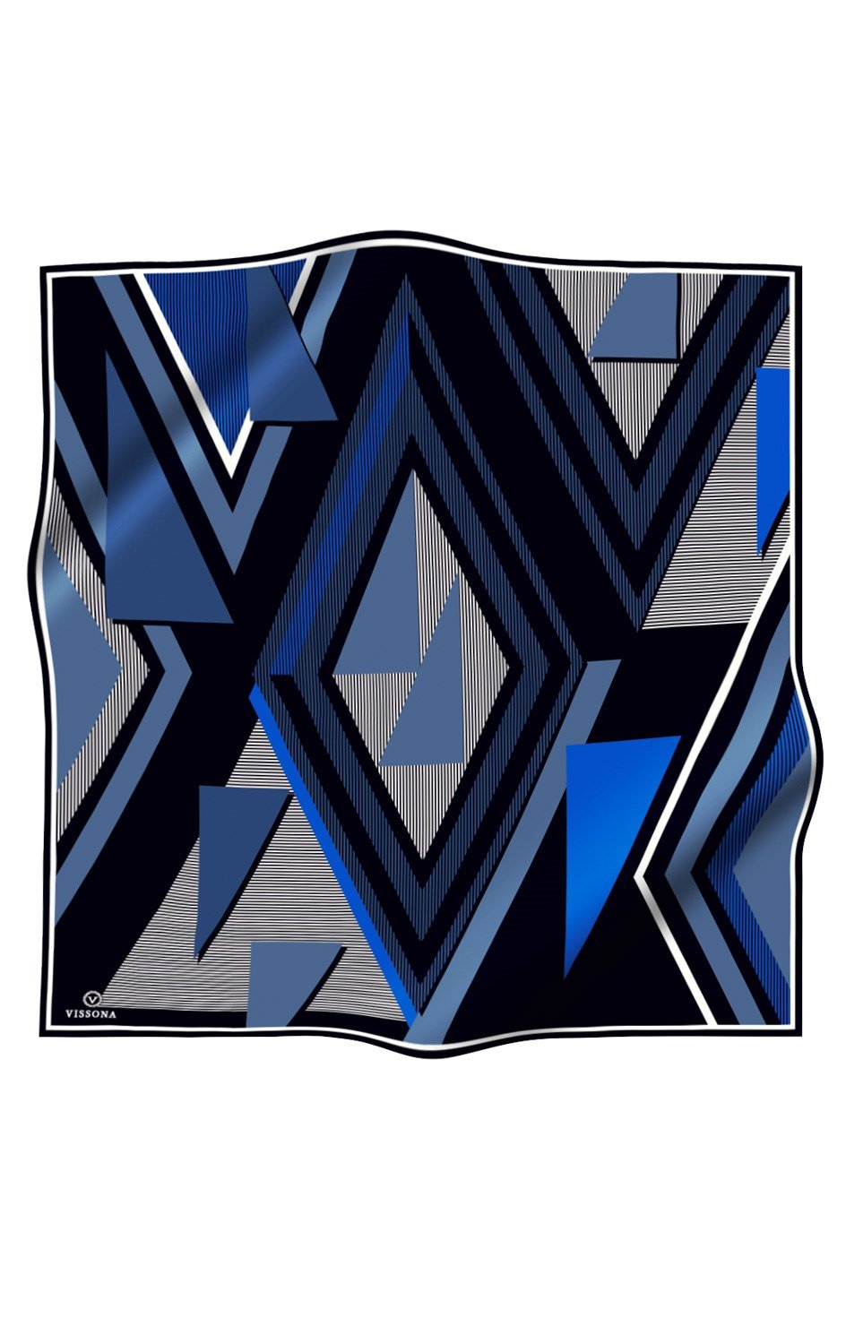 %100 Twill İpek Eşarp 90x90 Saks Siyah Geometrik Desenli El Dikişli Kadın Eşarp