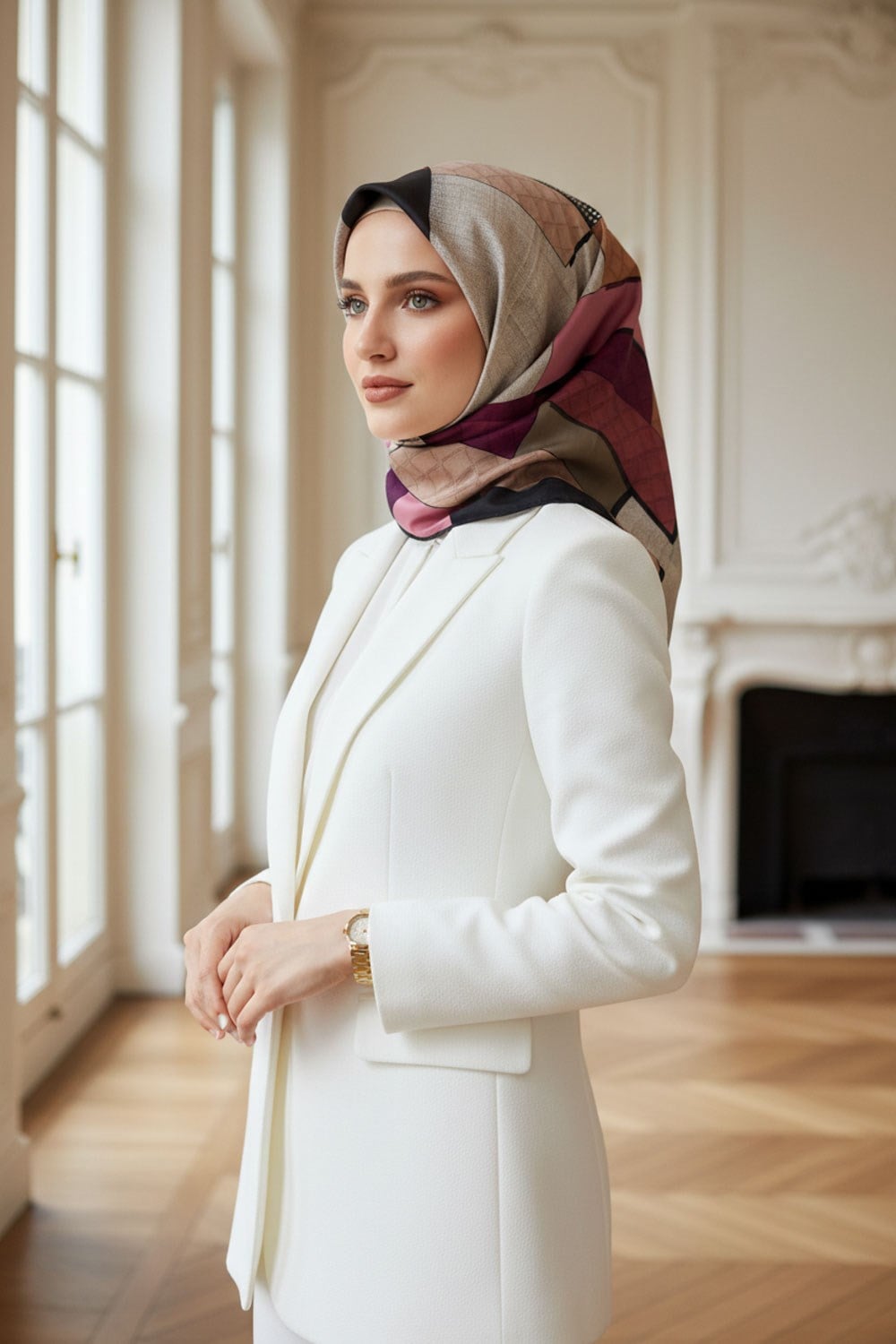 %100 Twill İpek Kazayaklı Ve Geometrik Desenli Mürdüm - Krem Renkli 90x90 Eşarp Dikim Şekli : El Dikişi