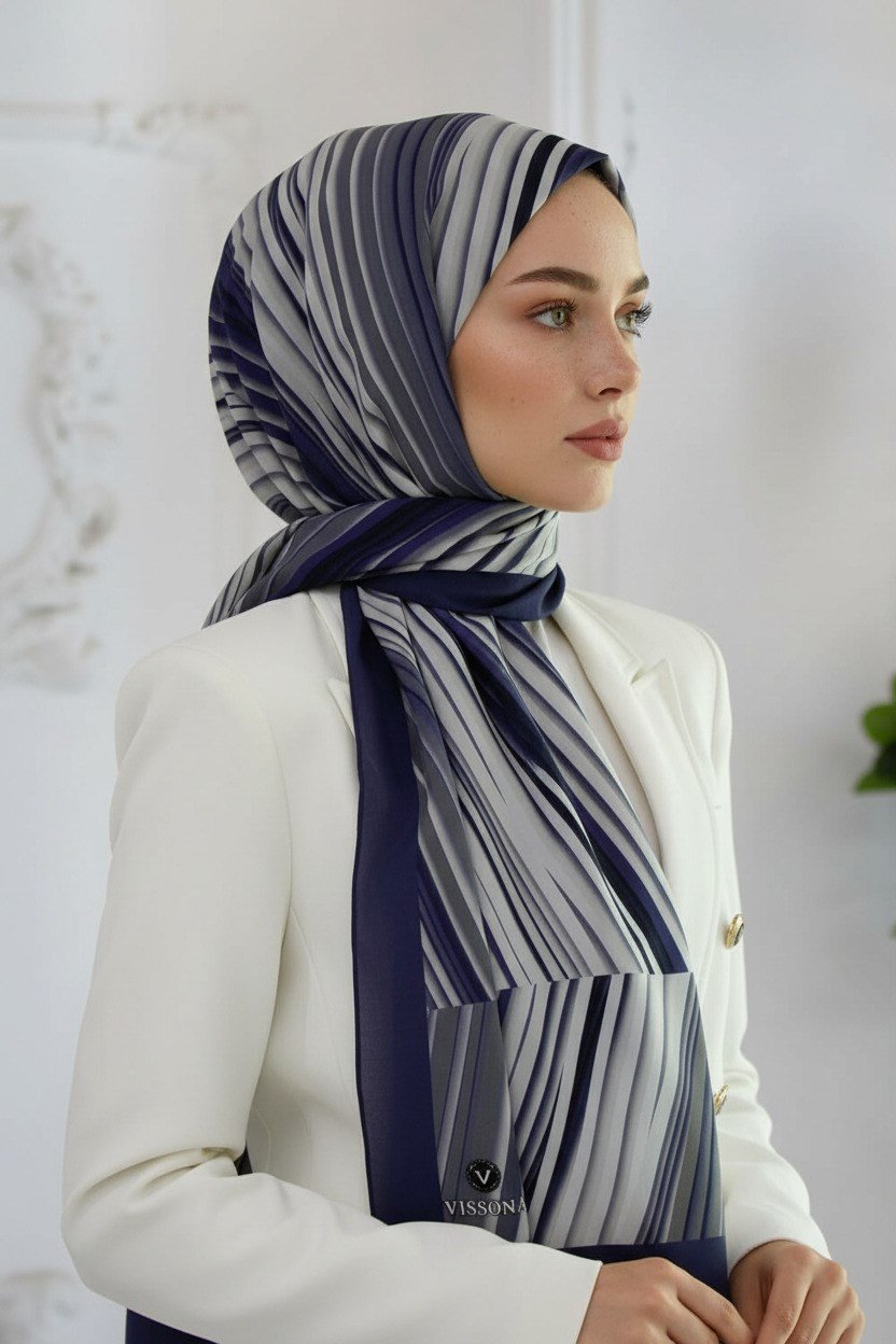 KREP ÇİZGİLİ DESENLİ İNDİGO RENKLİ 75X195 KIRIŞMAZ ŞAL